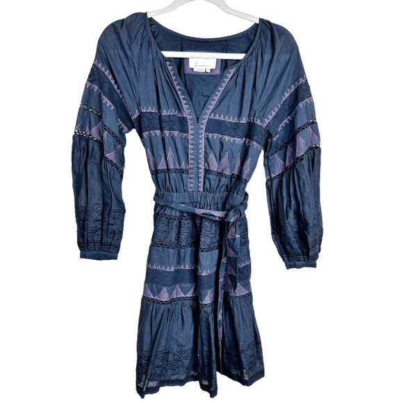 NWOT Anthropologie Skye Embroidered Mini Dress XS Blue Motif Cotton Puff Sleeve - Picture 9 of 16